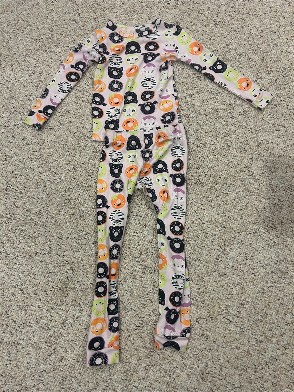 Kids Halloween Donut & Monster Print Pajama Set - Pink, Black, Orange, Green